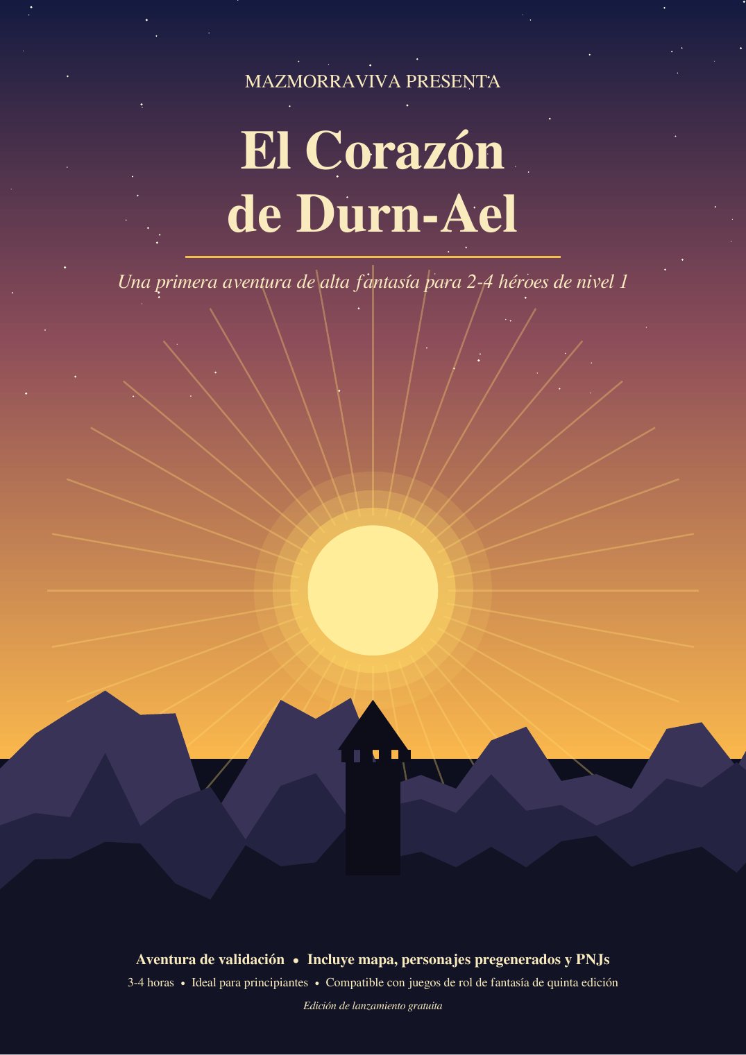 Portada de El Corazón de Durn-Ael: un sol naciente tras las montañas y una torre en silueta
